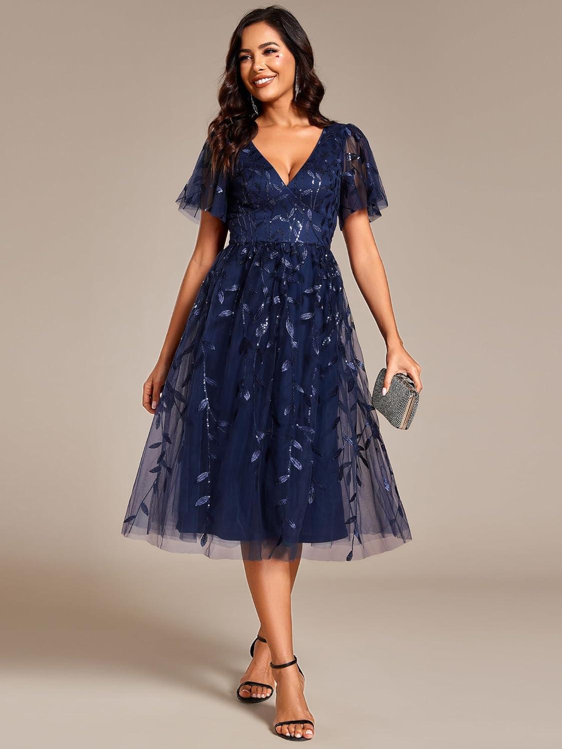 imageEverPretty Womens Elegant A Line Embroidery Short Sleeves Midi Sequin Formal Cocktail Wedding Guest Dress 02230Navyblue