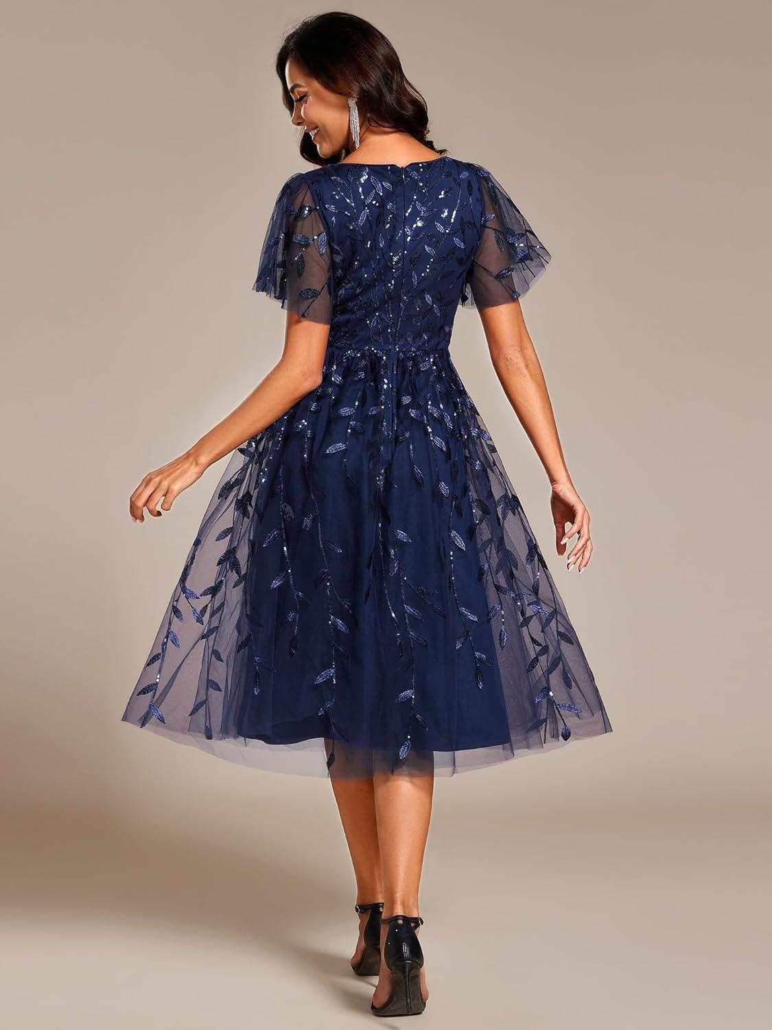 imageEverPretty Womens Elegant A Line Embroidery Short Sleeves Midi Sequin Formal Cocktail Wedding Guest Dress 02230Navyblue