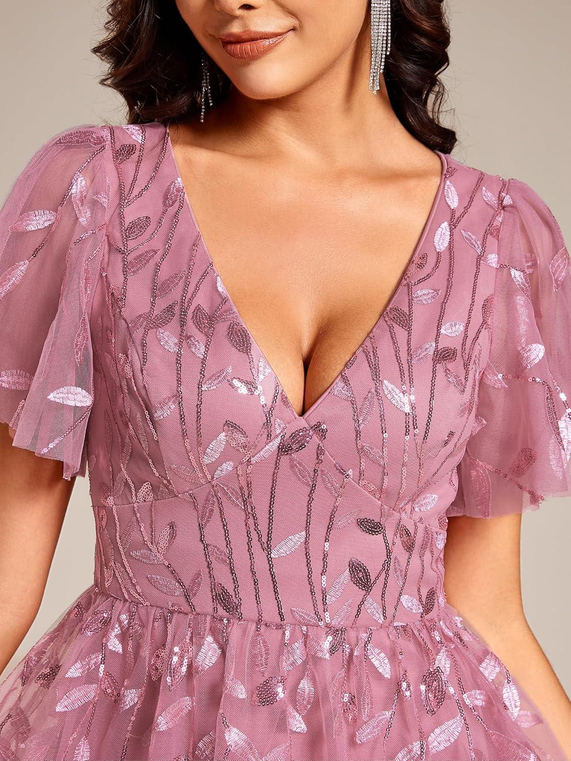 imageEverPretty Womens Elegant A Line Embroidery Short Sleeves Midi Sequin Formal Cocktail Wedding Guest Dress 02230Orchid