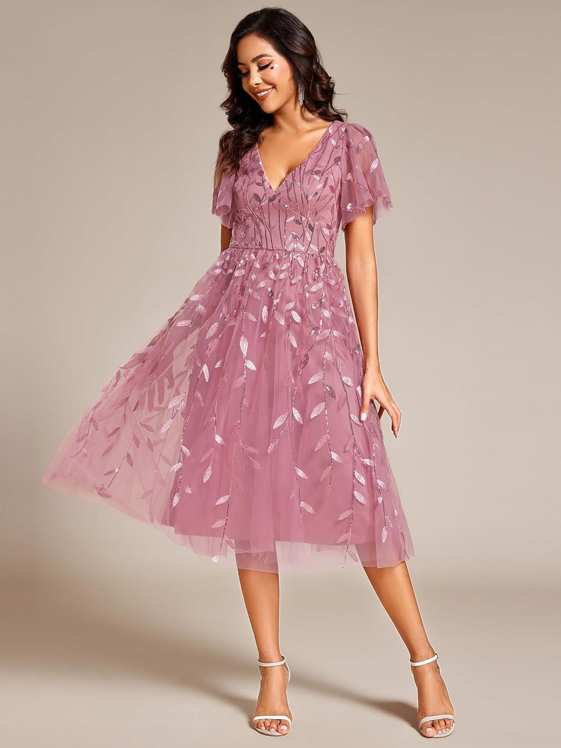 imageEverPretty Womens Elegant A Line Embroidery Short Sleeves Midi Sequin Formal Cocktail Wedding Guest Dress 02230Orchid