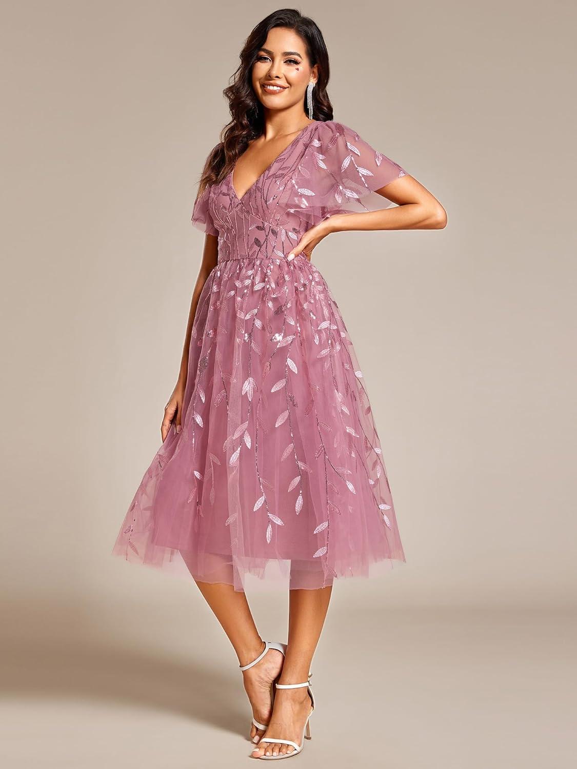 imageEverPretty Womens Elegant A Line Embroidery Short Sleeves Midi Sequin Formal Cocktail Wedding Guest Dress 02230Orchid