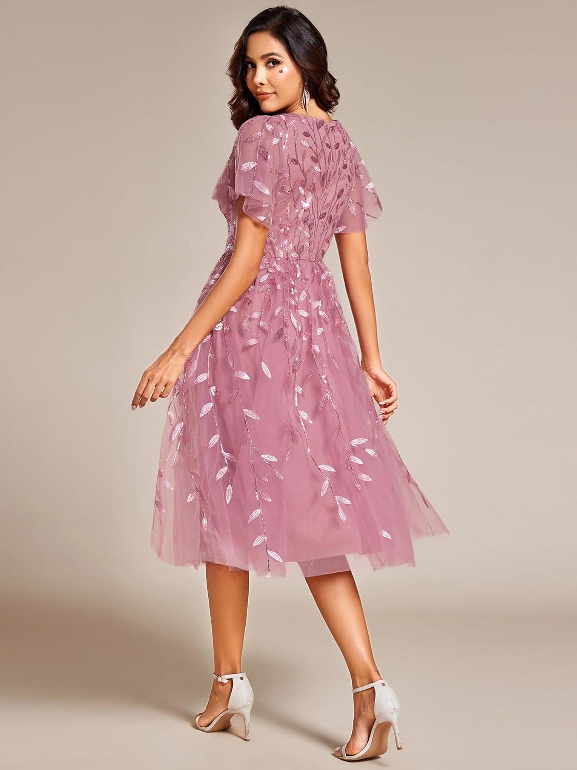 imageEverPretty Womens Elegant A Line Embroidery Short Sleeves Midi Sequin Formal Cocktail Wedding Guest Dress 02230Orchid