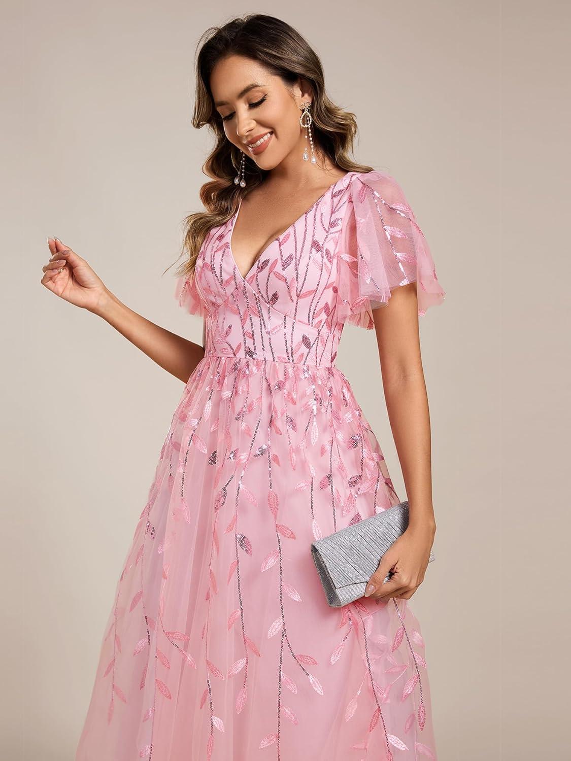imageEverPretty Womens Elegant A Line Embroidery Short Sleeves Midi Sequin Formal Cocktail Wedding Guest Dress 02230Pink