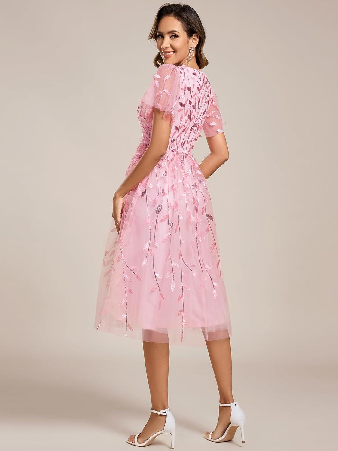 imageEverPretty Womens Elegant A Line Embroidery Short Sleeves Midi Sequin Formal Cocktail Wedding Guest Dress 02230Pink