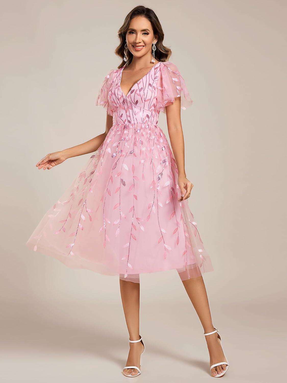 imageEverPretty Womens Elegant A Line Embroidery Short Sleeves Midi Sequin Formal Cocktail Wedding Guest Dress 02230Pink