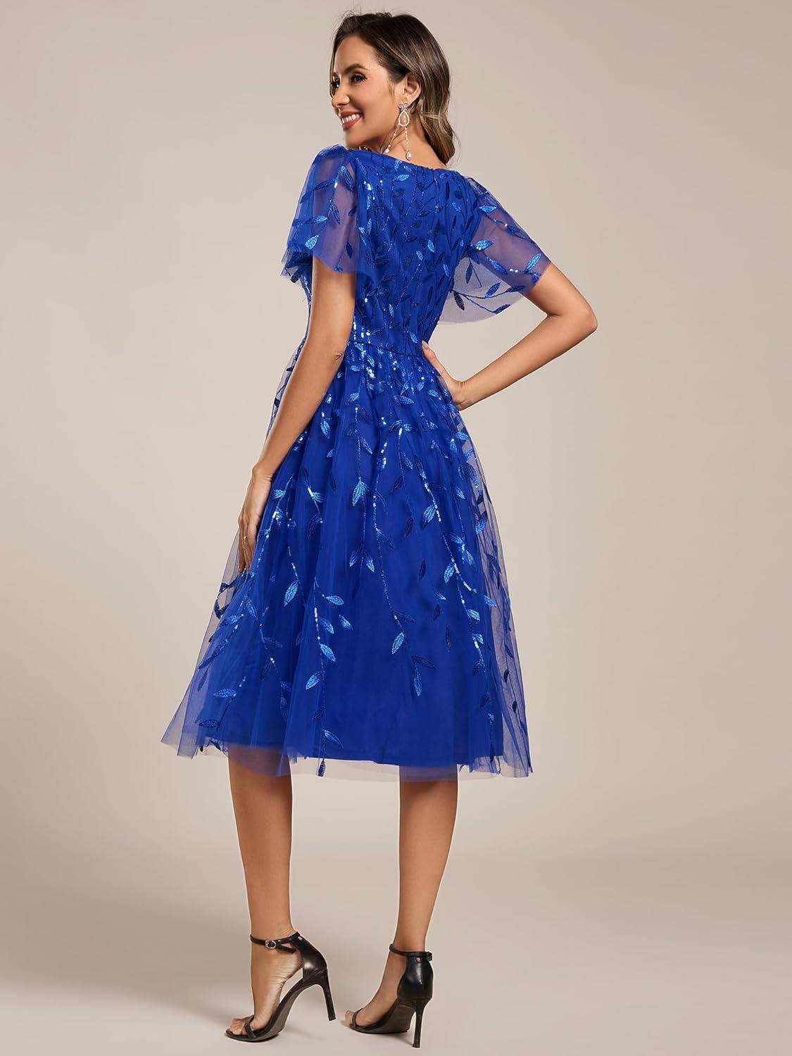 imageEverPretty Womens Elegant A Line Embroidery Short Sleeves Midi Sequin Formal Cocktail Wedding Guest Dress 02230Sapphire Blue