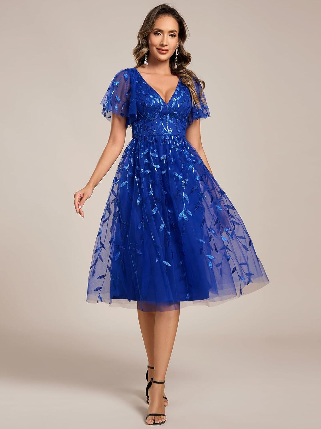 imageEverPretty Womens Elegant A Line Embroidery Short Sleeves Midi Sequin Formal Cocktail Wedding Guest Dress 02230Sapphire Blue