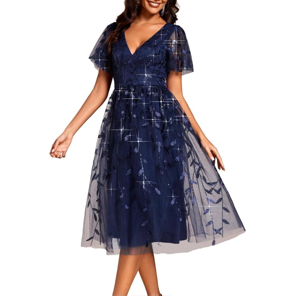 imageEverPretty Womens Elegant A Line Embroidery Short Sleeves Midi Sequin Formal Cocktail Wedding Guest Dress 02230Navyblue