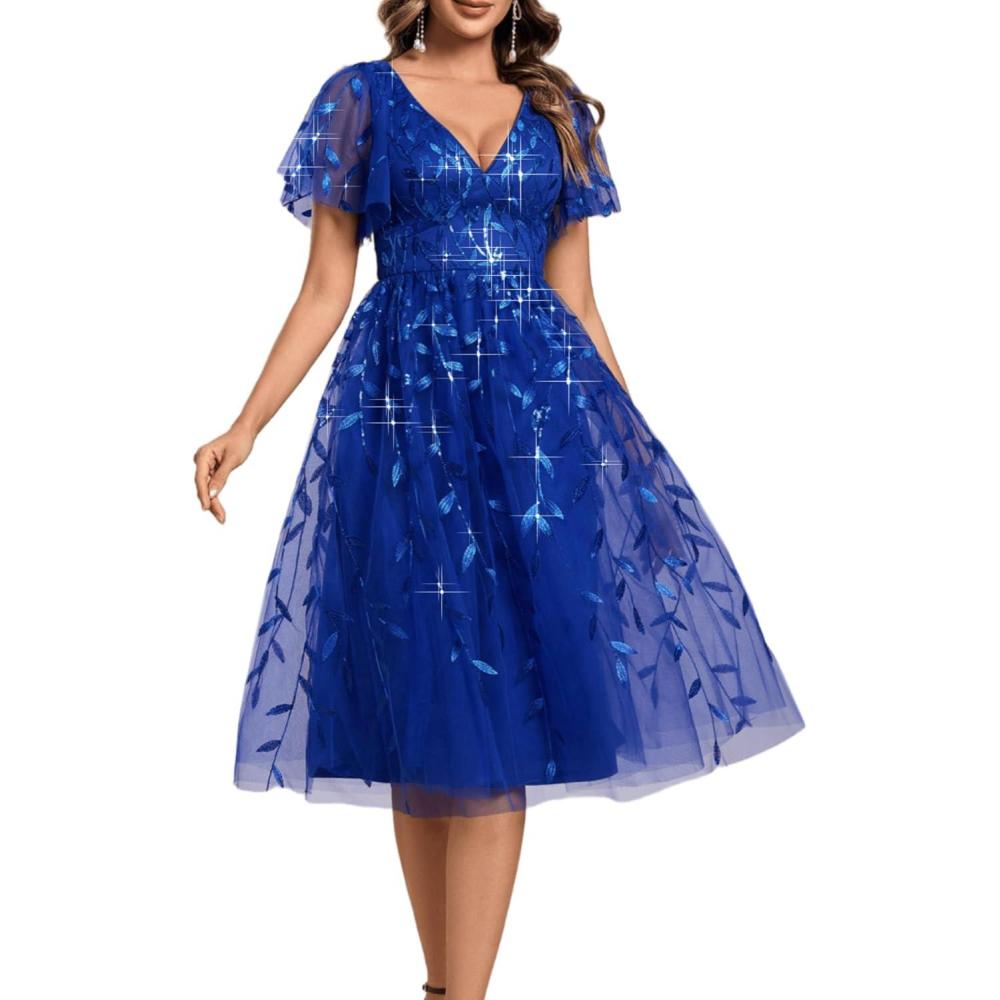 imageEverPretty Womens Elegant A Line Embroidery Short Sleeves Midi Sequin Formal Cocktail Wedding Guest Dress 02230Sapphire Blue