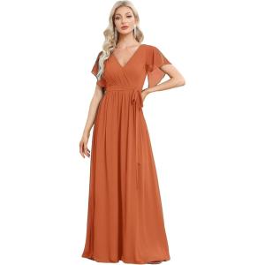 imageEverPretty Womens Bridesmaid Dress VNeck Ruffle Sleeves Ruched Bust Floor Length Chiffon Formal Dresses 0164ABrandied Melon