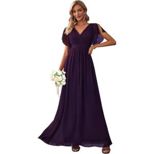 imageEverPretty Womens Bridesmaid Dress VNeck Ruffle Sleeves Ruched Bust Floor Length Chiffon Formal Dresses 0164ADark Purple