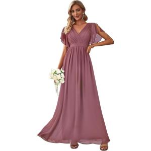 imageEverPretty Womens Bridesmaid Dress VNeck Ruffle Sleeves Ruched Bust Floor Length Chiffon Formal Dresses 0164AOrchid