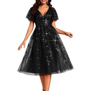 imageEverPretty Womens Elegant A Line Embroidery Short Sleeves Midi Sequin Formal Cocktail Wedding Guest Dress 02230Black