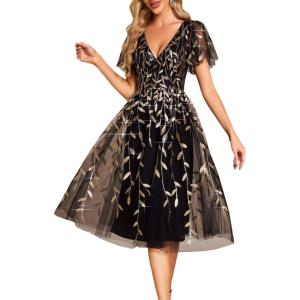 imageEverPretty Womens Elegant A Line Embroidery Short Sleeves Midi Sequin Formal Cocktail Wedding Guest Dress 02230Blackgold