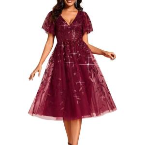 imageEverPretty Womens Elegant A Line Embroidery Short Sleeves Midi Sequin Formal Cocktail Wedding Guest Dress 02230Burgundy
