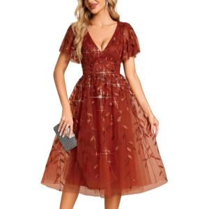 imageEverPretty Womens Elegant A Line Embroidery Short Sleeves Midi Sequin Formal Cocktail Wedding Guest Dress 02230Burntorange