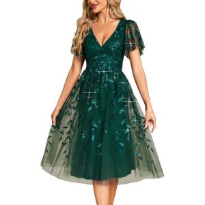 imageEverPretty Womens Elegant A Line Embroidery Short Sleeves Midi Sequin Formal Cocktail Wedding Guest Dress 02230Dark Green