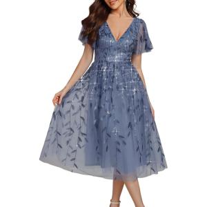imageEverPretty Womens Elegant A Line Embroidery Short Sleeves Midi Sequin Formal Cocktail Wedding Guest Dress 02230Dusty Blue