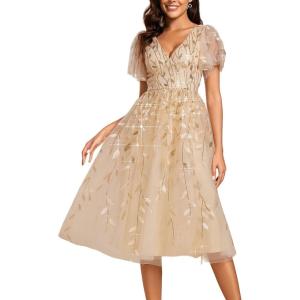 imageEverPretty Womens Elegant A Line Embroidery Short Sleeves Midi Sequin Formal Cocktail Wedding Guest Dress 02230Gold