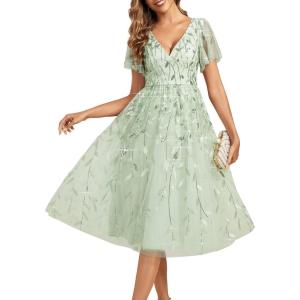 imageEverPretty Womens Elegant A Line Embroidery Short Sleeves Midi Sequin Formal Cocktail Wedding Guest Dress 02230Mint Green
