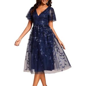 imageEverPretty Womens Elegant A Line Embroidery Short Sleeves Midi Sequin Formal Cocktail Wedding Guest Dress 02230Navyblue