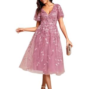 imageEverPretty Womens Elegant A Line Embroidery Short Sleeves Midi Sequin Formal Cocktail Wedding Guest Dress 02230Orchid