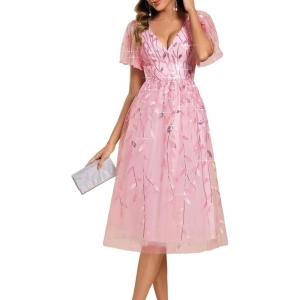 imageEverPretty Womens Elegant A Line Embroidery Short Sleeves Midi Sequin Formal Cocktail Wedding Guest Dress 02230Pink