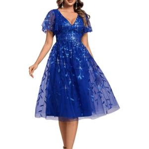imageEverPretty Womens Elegant A Line Embroidery Short Sleeves Midi Sequin Formal Cocktail Wedding Guest Dress 02230Sapphire Blue