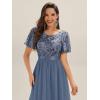 imageEverPretty Womens Classic Round Neck Sequin Tulle Short Sleeves Midi Semi Formal Dresses 02549Dusty Blue