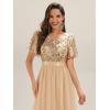imageEverPretty Womens Classic Round Neck Sequin Tulle Short Sleeves Midi Semi Formal Dresses 02549Gold