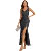 imageEverPretty Womens Sequin Embroidered V Neck Slit Sleeveless Bodycon Maxi Evening Gown 02548Black
