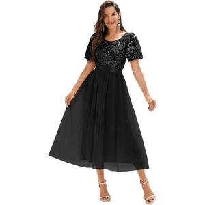 imageEverPretty Womens Classic Round Neck Sequin Tulle Short Sleeves Midi Semi Formal Dresses 02549Black