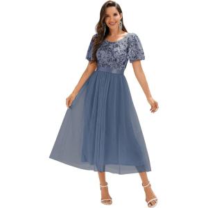 imageEverPretty Womens Classic Round Neck Sequin Tulle Short Sleeves Midi Semi Formal Dresses 02549Dusty Blue