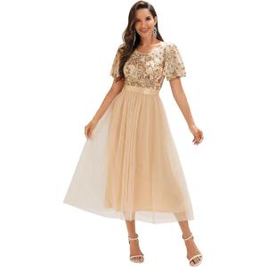 imageEverPretty Womens Classic Round Neck Sequin Tulle Short Sleeves Midi Semi Formal Dresses 02549Gold