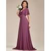 imageEverPretty Womens Classic Chiffon Short Sleeve Pleated VNeck Floor Length Bridesmaid Dresses 09890Damson