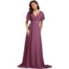 imageEverPretty Womens Classic Chiffon Short Sleeve Pleated VNeck Floor Length Bridesmaid Dresses 09890Damson