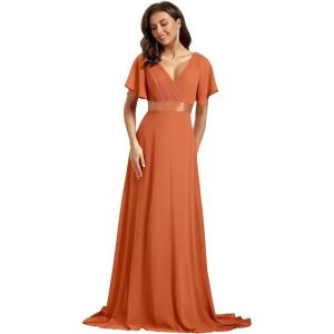 imageEverPretty Womens Classic Chiffon Short Sleeve Pleated VNeck Floor Length Bridesmaid Dresses 09890Brandied Melon