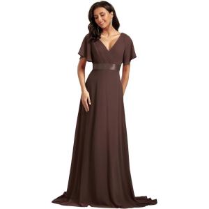 imageEverPretty Womens Classic Chiffon Short Sleeve Pleated VNeck Floor Length Bridesmaid Dresses 09890Coffee