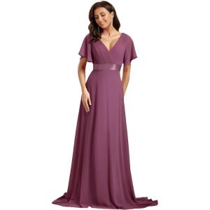 imageEverPretty Womens Classic Chiffon Short Sleeve Pleated VNeck Floor Length Bridesmaid Dresses 09890Damson
