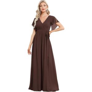 imageEverPretty Womens Bridesmaid Dress VNeck Ruffle Sleeves Ruched Bust Floor Length Chiffon Formal Dresses 0164AEspresso