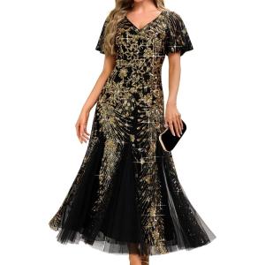 imageEverPretty Womens Elegant Mermaid V Neck Short Sleeves Sequin Formal Evening Dress 02547Black Gold
