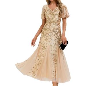 imageEverPretty Womens Elegant Mermaid V Neck Short Sleeves Sequin Formal Evening Dress 02547Gold