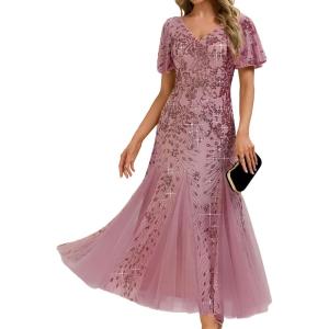imageEverPretty Womens Elegant Mermaid V Neck Short Sleeves Sequin Formal Evening Dress 02547Orchid