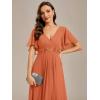 imageEverPretty Womens Chiffon ALine Ruched Short Sleeves Applique Waist V Neck Formal Evening DressesBrandied Melon