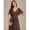 imageEverPretty Womens Chiffon ALine Ruched Short Sleeves Applique Waist V Neck Formal Evening DressesEspresso