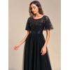 imageEverPretty Womens Elegant Crew Neck Sequin Ruffle Sleeve Empire Waist ALine Long Formal Evening DressesBlack
