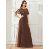 imageEverPretty Womens Elegant Crew Neck Sequin Ruffle Sleeve Empire Waist ALine Long Formal Evening DressesBrown