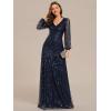 imageEverPretty Womens Elegant V Neck ALine Floor Length Long Sleeves Sparkly Sequin Formal Dress 01999Navy Blue