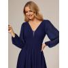 imageEverPretty Womens Fall Elegant A Line V Neck Ruched High Low Long Sleeve Formal Wedding Guest Dresses 2043Navy Blue
