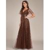 imageEverPretty Womens Sequin Sparkly VNeck Short Sleeve ALine Floor Length Formal Evening DressBrown